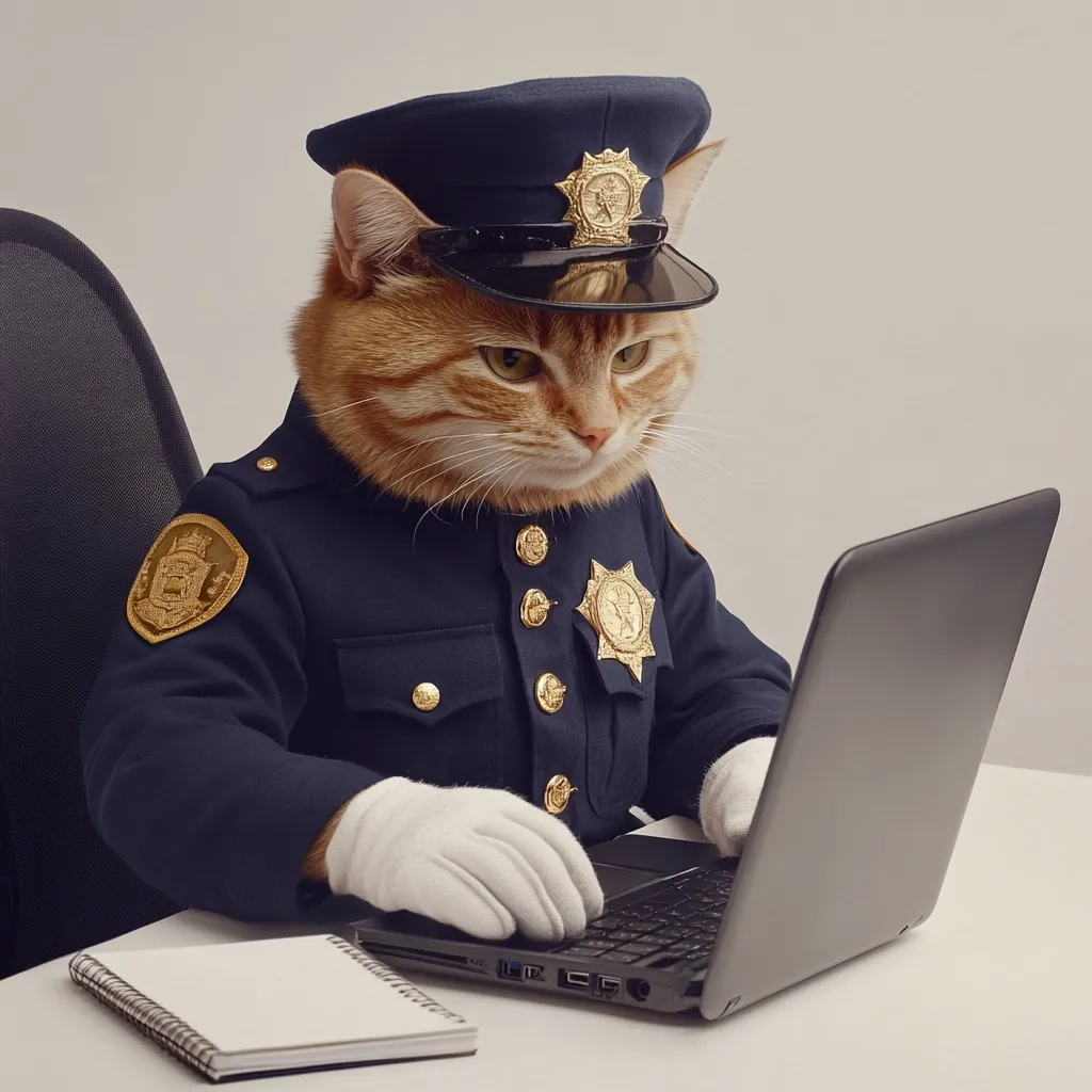 A ginger cat, dressed in a police uniform complete with hat and white gloves, sits at a desk diligently working on a laptop.  The cat's serious expression and attire create a humorous juxtaposition.  A notepad sits beside the laptop, suggesting ongoing paperwork or investigations.  The scene is set against a plain, light gray background.