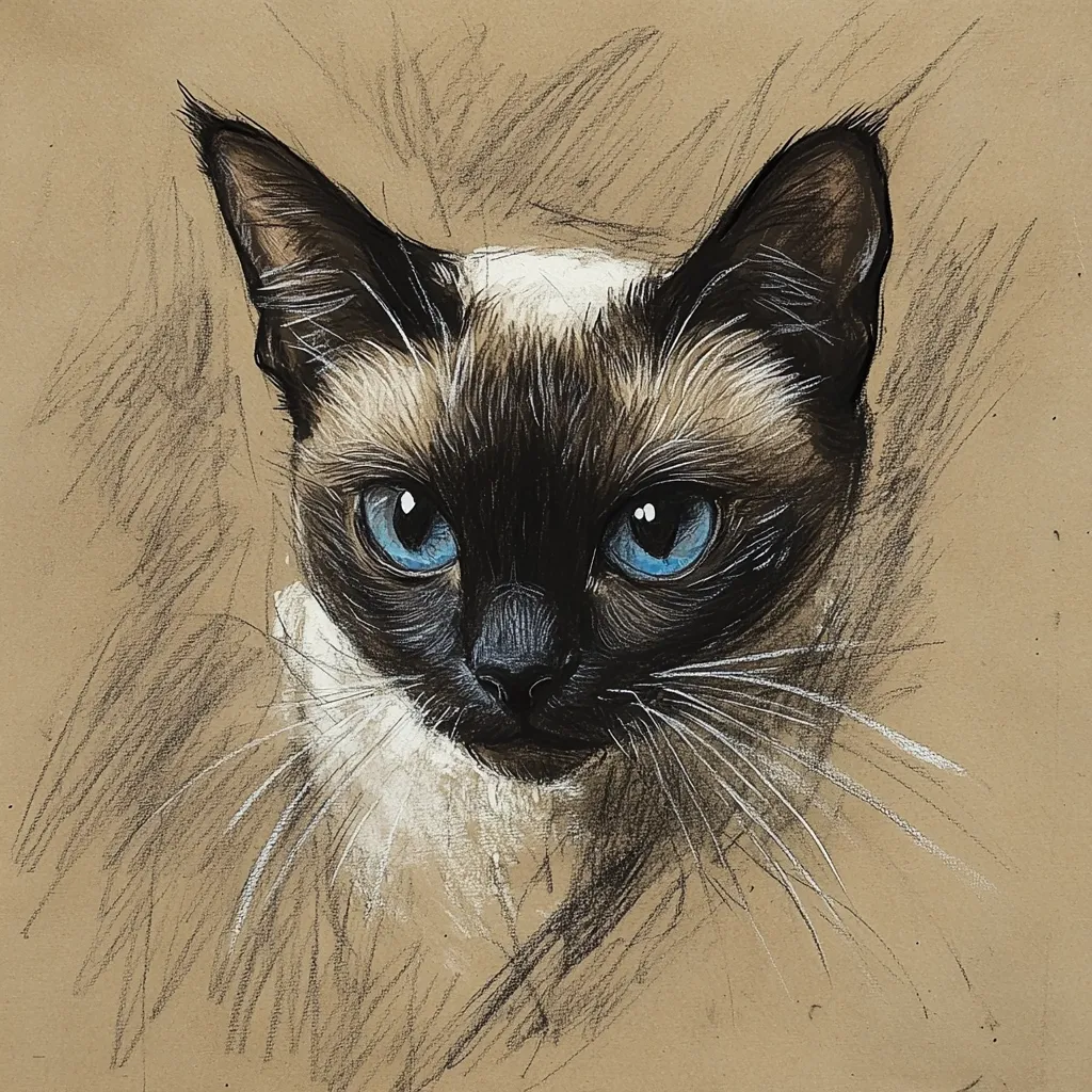 A striking charcoal and pastel drawing depicts a Siamese cat's head and shoulders. The cat's piercing blue eyes and dark points contrast sharply with its lighter body.  The artist uses expressive shading and texture to create a sense of depth and movement in the fur, particularly around the face and ears.  The background is a muted brown, drawing attention to the cat's intense gaze.