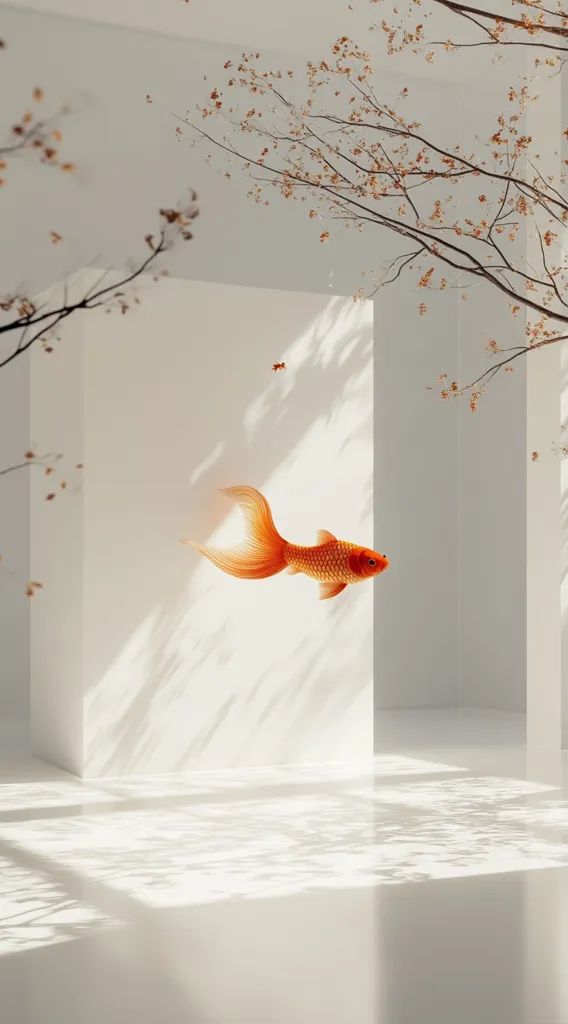 A vibrant orange goldfish gracefully swims within a minimalist white room.  Sunlight streams through branches bearing delicate, dried blossoms, casting shadows across the clean, white walls and floor.  The overall aesthetic is serene and minimalist, emphasizing the contrast between the bright fish and the muted, peaceful setting.  The scene evokes a sense of calm and tranquility.