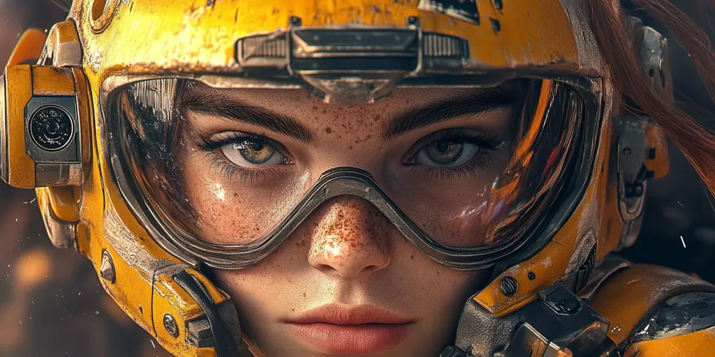 Close-up of a young woman's face, partially obscured by a worn, yellow, futuristic helmet and goggles.  Her freckled skin and intense gaze are visible through the protective gear. The helmet shows signs of wear and battle damage, suggesting a post-apocalyptic or sci-fi setting.  Her expression is serious and determined.