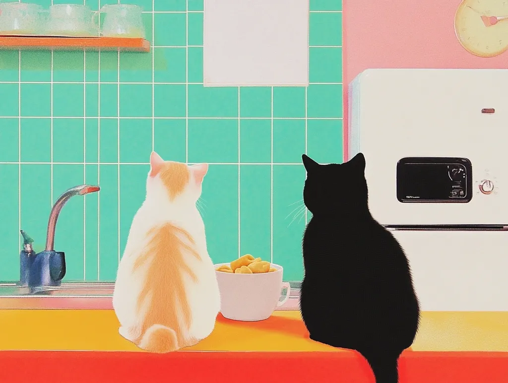 A cream-colored cat and a black cat sit side-by-side on a bright orange kitchen counter, their backs to the viewer.  A bowl of food sits between them.  The kitchen features a mint green tiled backsplash, a white sink, and a retro-style white appliance with a built-in microwave.  The overall aesthetic is clean and minimalist with a retro, pop art feel.