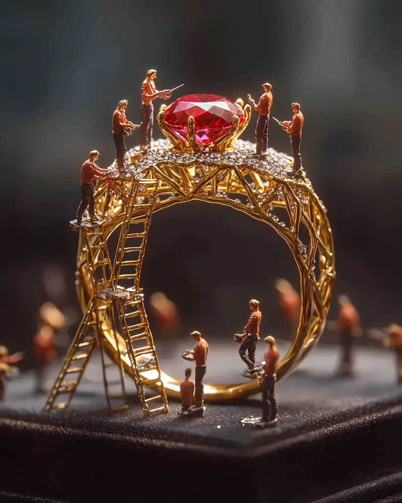 Miniature figures meticulously craft a large, ornate gold ring centered around a vibrant red gemstone.  The ring's intricate design is highlighted by the tiny workers, some using ladders to reach various parts.  The scene is set against a dark backdrop, emphasizing the detail of the jewelry and the scale of the miniature artisans.  The overall image evokes a sense of artistry and craftsmanship on a grand and miniature scale.