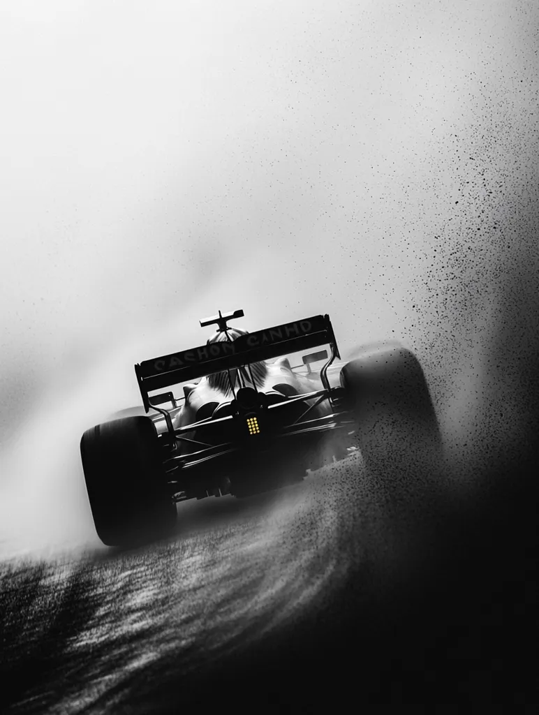 A black and white image captures a Formula 1 race car speeding around a track.  The car is partially obscured by a spray of water or debris kicked up from the tires, creating a dynamic, high-speed effect. The focus is on the car, emphasizing its sleek design and powerful movement against a blurred background. The overall mood is intense and dramatic.