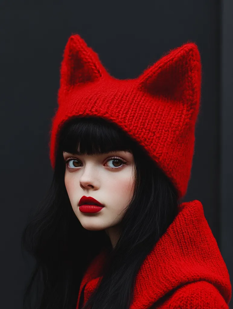 A young woman with long black hair wears a vibrant red knitted cat-ear beanie and matching hooded sweater.  Her dark eyes and bold red lipstick create a striking contrast against the rich red of her clothing. The image has a dark, moody backdrop, highlighting the model's features and the texture of the knitwear.  She gazes intently towards the viewer, creating a captivating portrait.