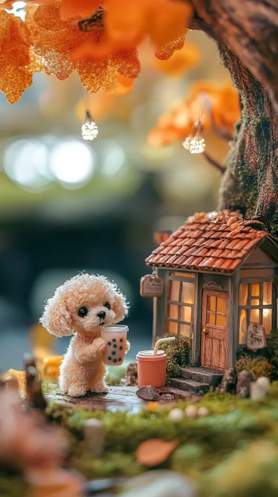 A miniature poodle dog sits outside a tiny cottage, holding a cup of boba tea.  Autumn leaves hang overhead, creating a whimsical, autumnal scene. The miniature setting is detailed, with mossy ground and small lights illuminating the cottage. The overall aesthetic is charming and cute, evoking a sense of warmth and coziness.