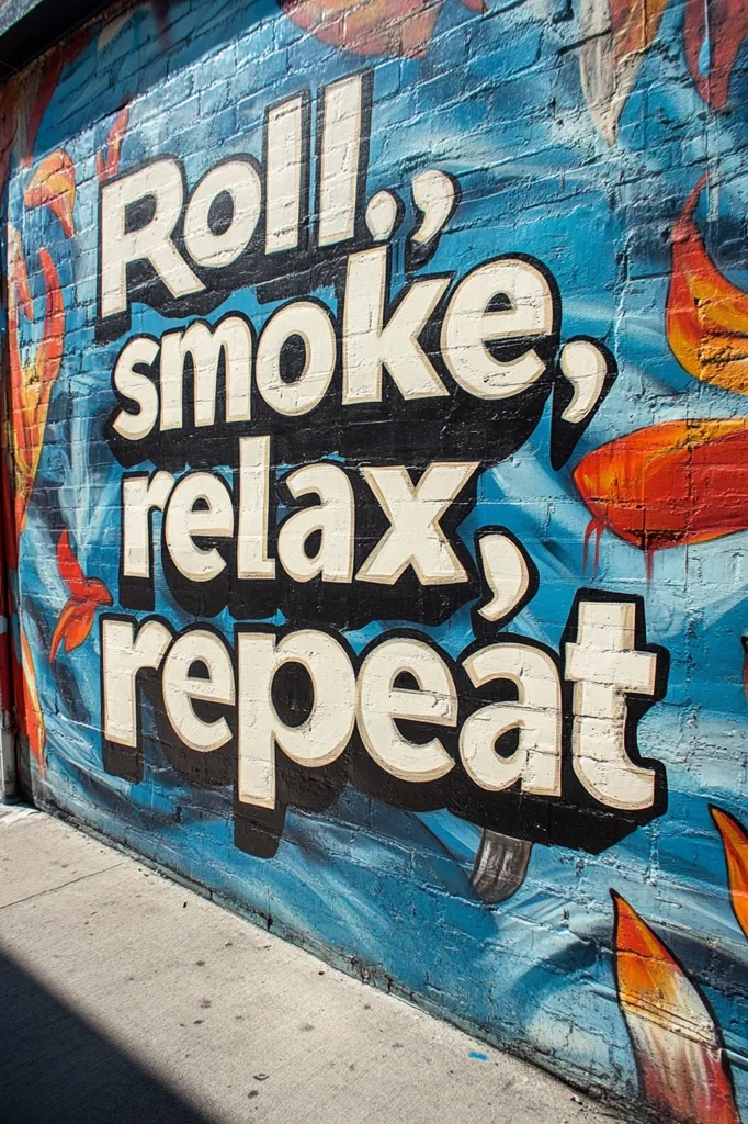 A vibrant mural on a brick wall proclaims "Roll, smoke, relax, repeat" in bold, stylized lettering.  The text is creamy white against a dark background, set amidst a dynamic blue and orange aquatic-themed design featuring stylized koi fish and flames. The overall effect is eye-catching and slightly rebellious.