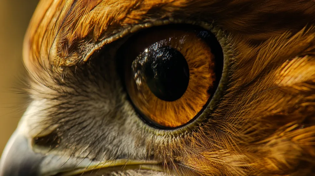 A close-up reveals the intricate details of a bird of prey's eye.  The amber iris, dark pupil, and surrounding feathers are sharply focused, showcasing the texture and color variations.  The bird's beak is partially visible, adding to the overall sense of power and intensity in the image.  The lighting highlights the fine feathers around the eye, creating a dramatic contrast.