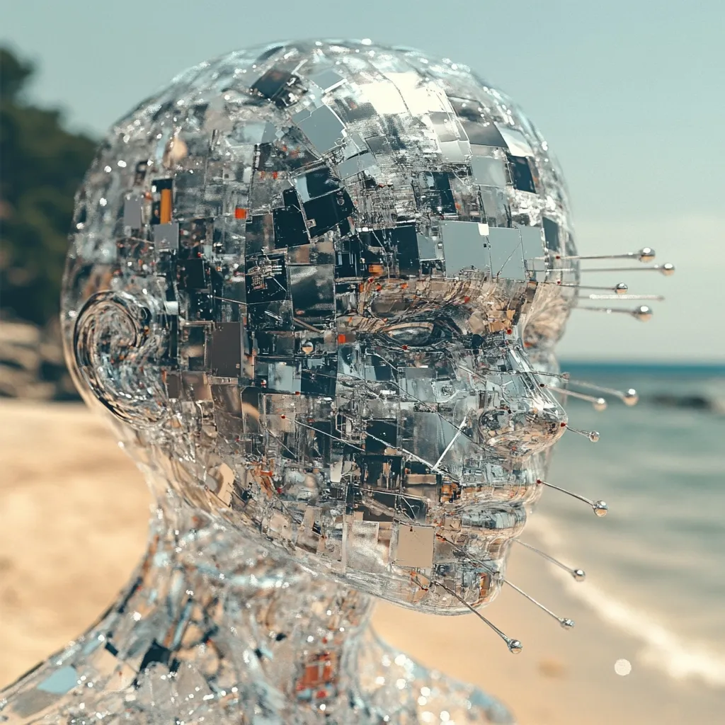 A translucent robotic head, constructed from numerous interconnected circuit board fragments, sits on a sandy beach.  Small metallic pins protrude from its side, suggesting sensors or connection points. The head is partially obscured, revealing internal circuitry, creating a futuristic and somewhat ethereal aesthetic against the backdrop of the ocean.  The image evokes themes of artificial intelligence and the merging of technology and nature.