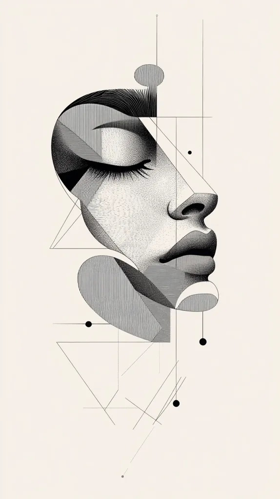 A monochromatic illustration features a woman's face, eyes closed, rendered in a geometric style.  Hatching and cross-hatching create shading and texture, while sharp lines form abstract shapes around her profile.  The design incorporates geometric elements, including intersecting lines and circles, suggesting a blend of realism and abstraction.  The overall effect is a stylish and modern portrait.