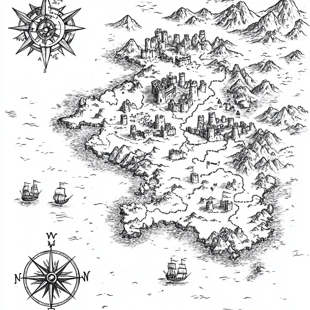 A detailed hand-drawn map depicts a large island dominated by numerous castles and fortified towns.  Rugged mountains ring the island's perimeter, which is surrounded by water featuring several sailing ships.  Two compass roses are included for orientation, suggesting a medieval or fantasy setting. The style is reminiscent of old nautical charts.  The intricate detail creates a sense of adventure and discovery.