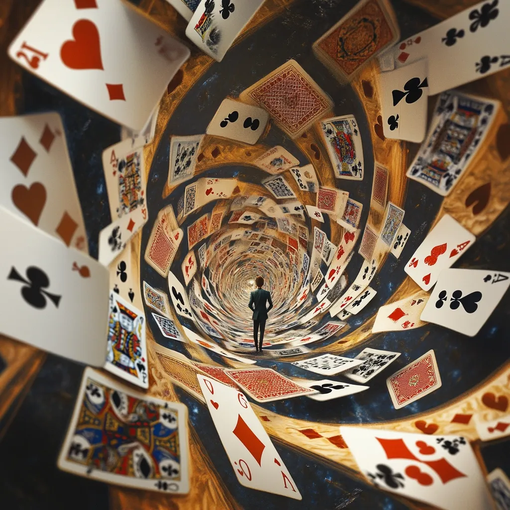 A person stands in the center of a swirling vortex formed by countless playing cards. The cards spiral inwards, creating a tunnel effect against a dark, starry backdrop. The scene is surreal and dreamlike, suggesting a journey into a world of chance and uncertainty.  The perspective is from within the vortex, emphasizing the overwhelming nature of the card-filled space.
