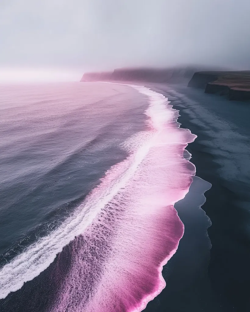 An aerial view captures a breathtaking coastal scene.  A long, gentle wave washes ashore, its foamy crest tinged with a surreal, pinkish hue against the dark, volcanic sand.  Misty cliffs rise in the distance under a muted sky, creating a dramatic yet serene atmosphere.  The contrast between the pink wave and the dark beach is striking and visually captivating.