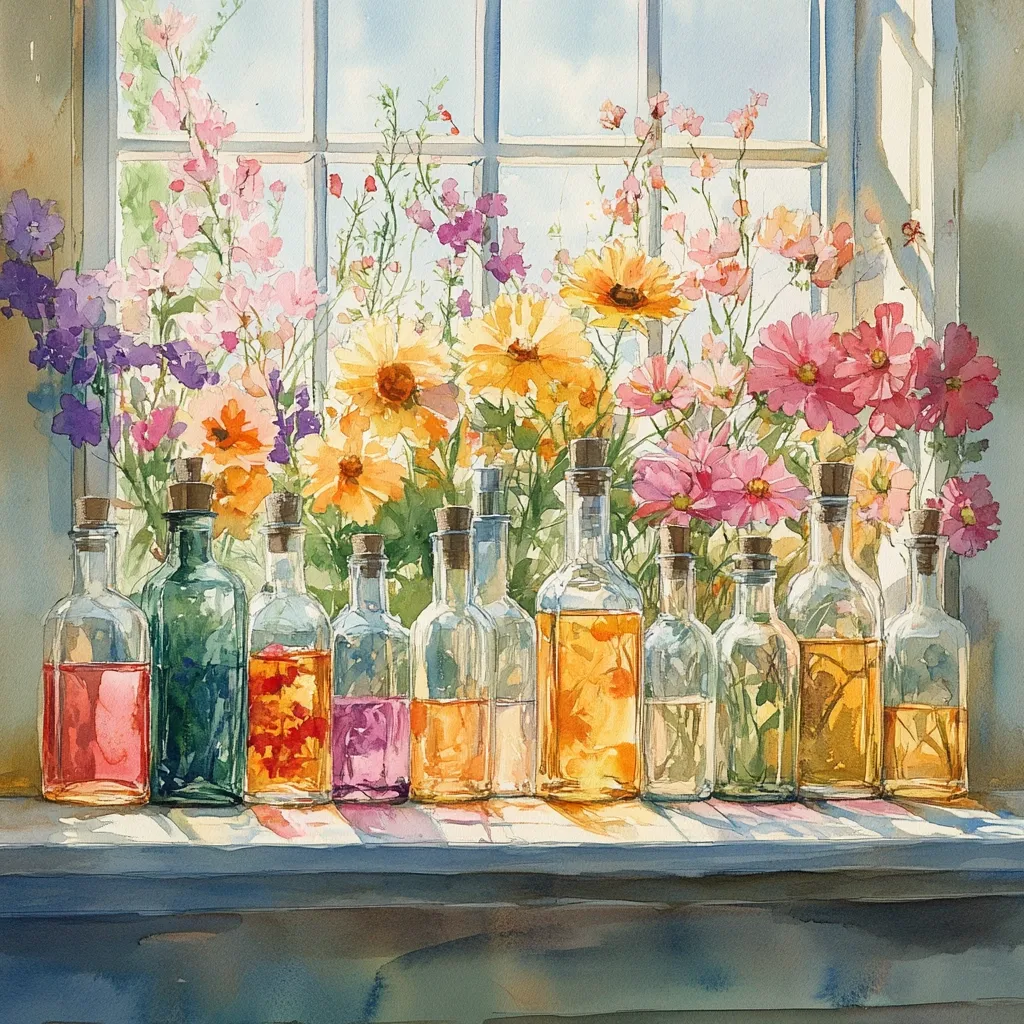 A watercolor painting depicts a sunlit windowsill adorned with a vibrant bouquet of wildflowers, predominantly in shades of pink, yellow, and purple.  Eleven clear glass bottles, some containing colorful liquids, are arranged neatly in front of the flowers, casting soft shadows on the sill. The scene exudes a serene and tranquil atmosphere, suggesting a feeling of calm and natural beauty.