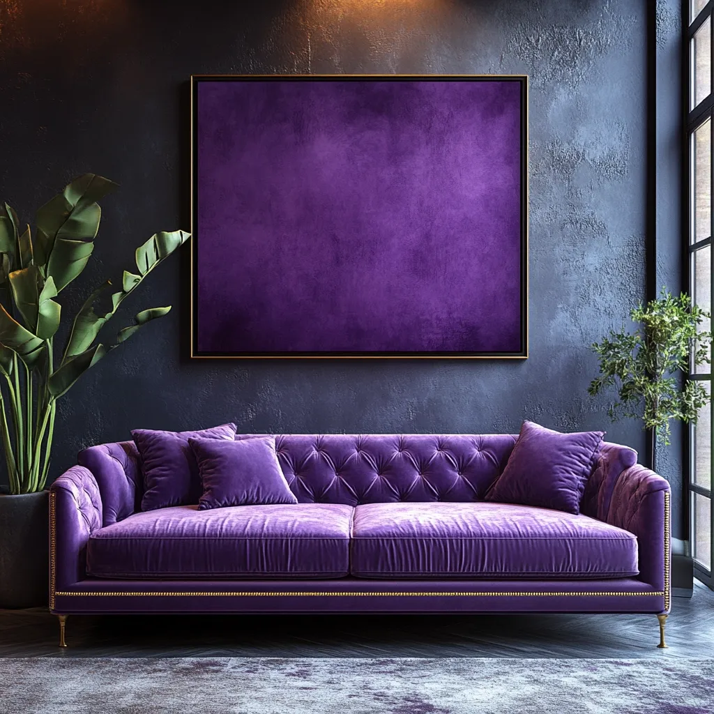 A luxurious purple velvet sofa sits center stage in a dimly lit room with dark walls.  Above the sofa, a large, dark purple canvas hangs, complementing the rich color scheme.  The room is styled with lush green plants on either side, adding a touch of nature to the sophisticated ambiance.  Gold accents on the sofa's trim add a subtle touch of elegance.  The overall feel is moody and luxurious.