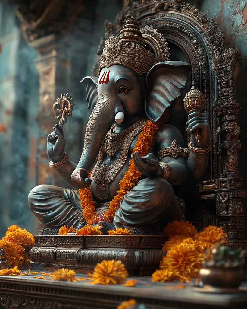 A detailed close-up captures a dark bronze statue of Ganesha, the Hindu elephant-headed god.  He sits majestically on an ornate throne, adorned with gold accents and vibrant orange marigold garlands.  The statue's intricate details and the surrounding atmospheric setting create a visually striking and spiritually evocative image.  The background hints at an ancient temple, adding to the scene's mystical aura.