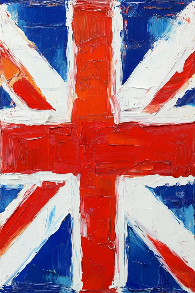 A vibrant impasto painting depicts the Union Jack flag.  Thick, textured brushstrokes of red, white, and blue create a dynamic and expressive representation of the iconic British flag. The artist's style emphasizes the energy and emotion of the colors, rather than precise detail.  The bold application of paint gives the flag a three-dimensional quality.