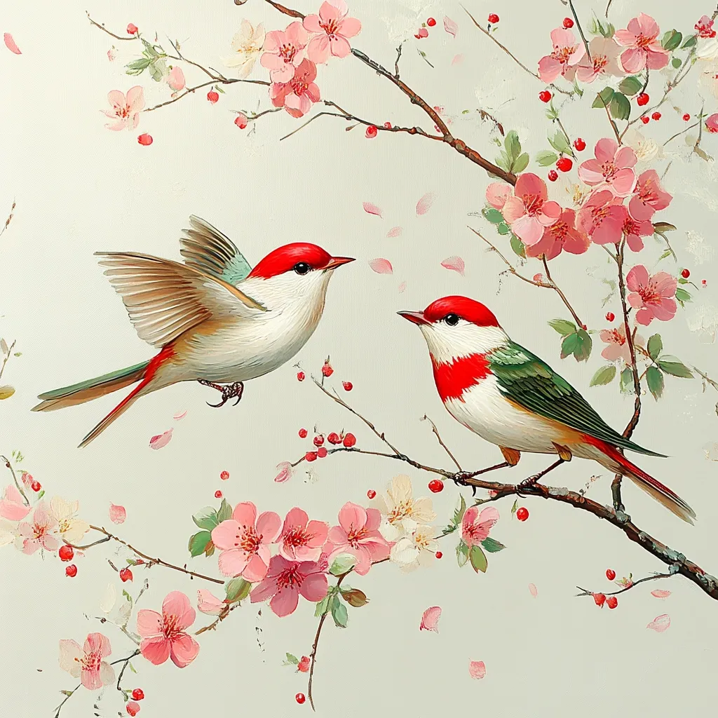 A painting depicts two birds with vibrant red heads, white bodies, and green-teal wings perched on a blossoming branch.  Pink flowers and red berries adorn the branches, creating a delicate and colorful scene.  The birds appear to be interacting, creating a sense of peaceful companionship amidst the floral display.  Falling petals add a sense of movement and gentle beauty.