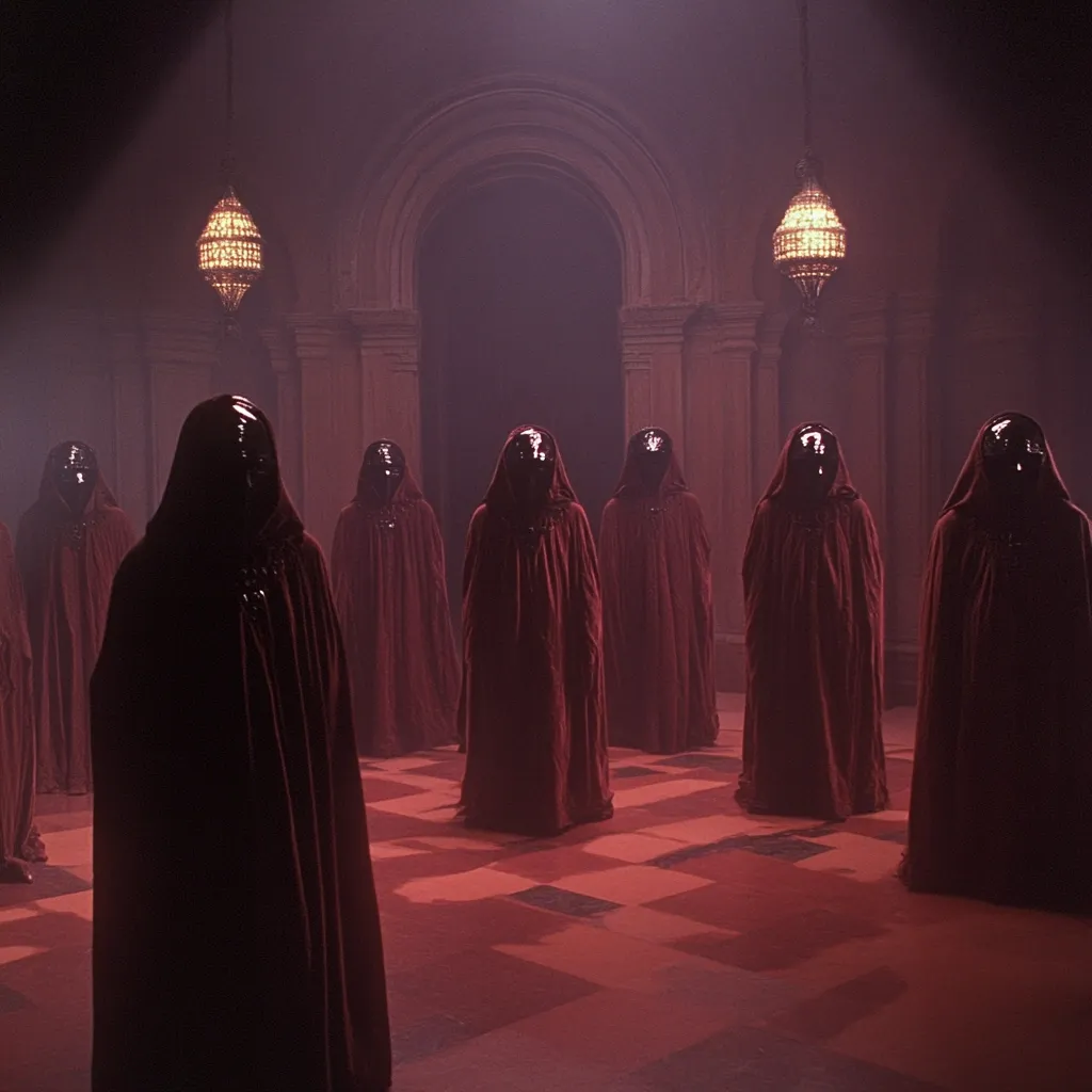 A dimly lit, grand hall houses a group of cloaked figures.  Each figure wears a dark red hooded robe, obscuring their faces completely.  The figures stand in rows on a checkered floor, creating an unsettling and mysterious scene.  Ornate, hanging lamps cast a soft, eerie glow. The overall atmosphere is one of secrecy and ominous ritual.