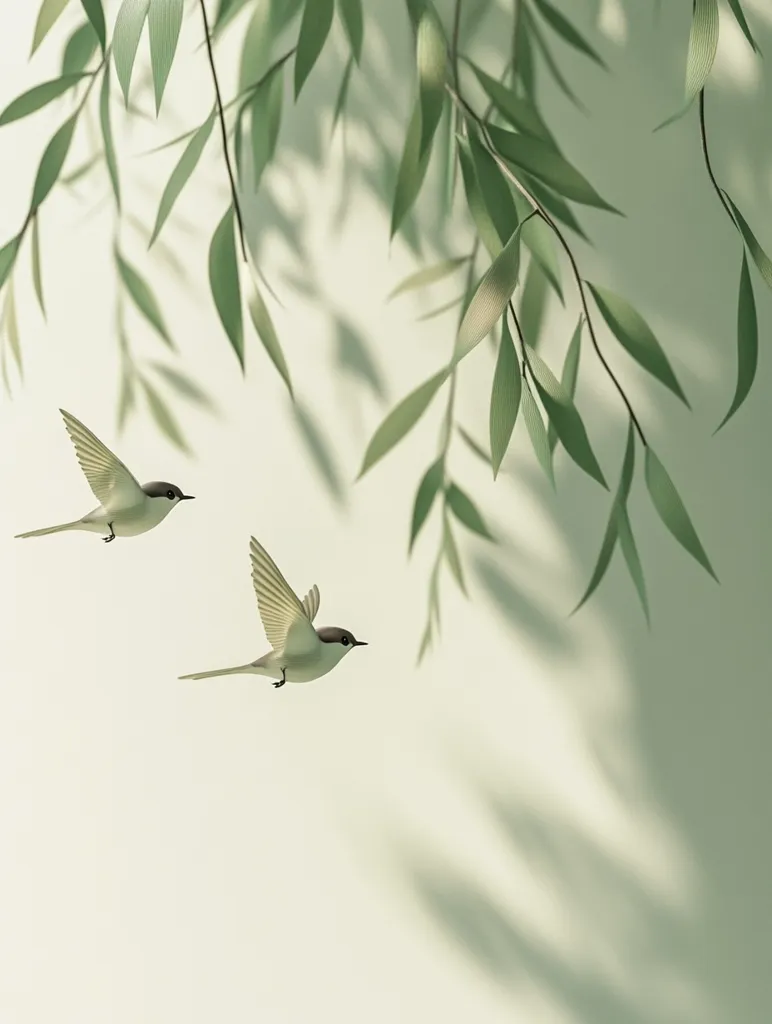 Two small birds gracefully fly against a serene backdrop of pale green.  Willow branches, their leaves casting gentle shadows, frame the scene.  The image evokes a sense of tranquility and natural beauty, with the birds appearing light and delicate in flight. The overall aesthetic is minimalist and calming.