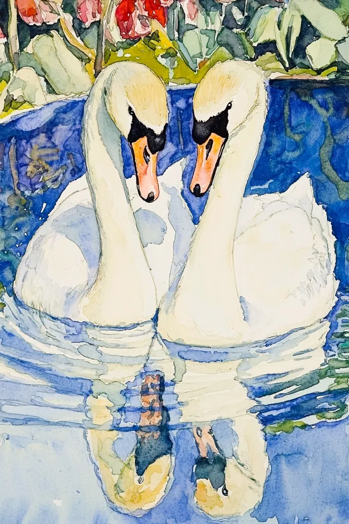 A watercolor painting depicts two graceful white swans nestled together on a tranquil blue water.  Their elegant necks curve inwards, creating a heart shape.  The swans are reflected in the water, mirroring their serene posture. Lush greenery and vibrant red flowers form a backdrop, adding a touch of nature's beauty to the scene. The artist's skillful use of color and light creates a peaceful and romantic ambiance.