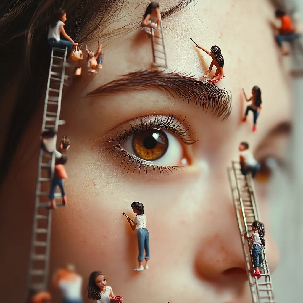 Miniature figures are meticulously painting and working on a woman's face, using ladders to reach different areas.  They are positioned around her eyebrow, eye, and nose, creating a surreal and artistic scene. The image focuses on the detail of the eye and the intricate work of the tiny figures.  The overall effect is whimsical and imaginative, blending reality with fantasy.
