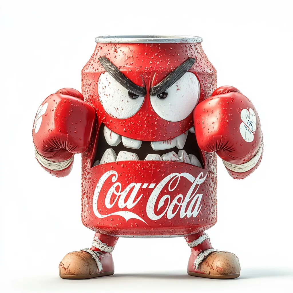 A 3D rendering depicts an angry Coca-Cola can as a cartoon character.  The can is wearing boxing gloves and has a fierce expression, complete with furrowed brows and bared teeth.  Water droplets cover its surface, adding to its aggressive, ready-to-fight posture.  The overall style is playful yet menacing.