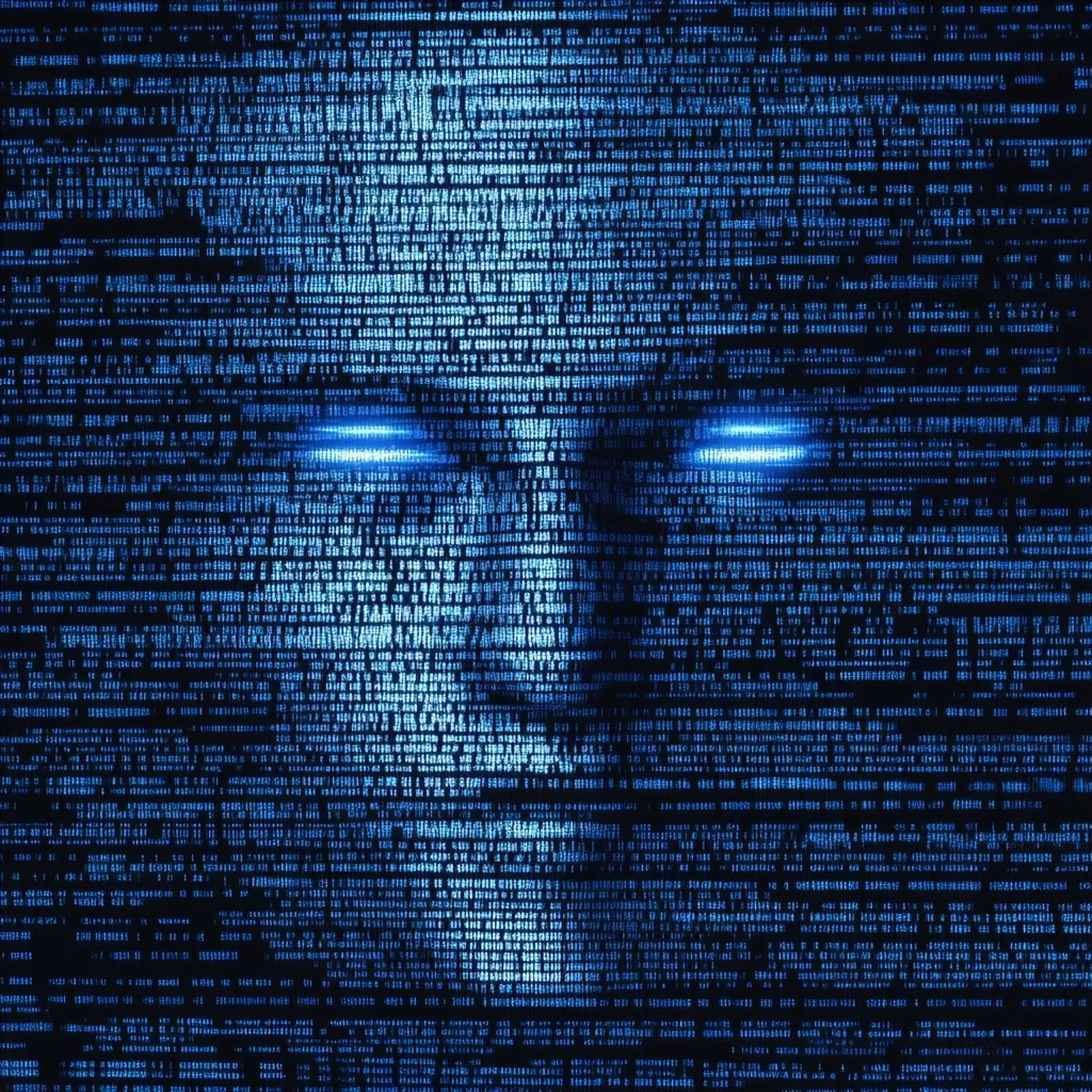 A stylized face emerges from a wall of blue digital code.  Bright blue lines highlight the eyes, creating a sense of digital surveillance or a sentient AI. The code itself is dense and illegible, symbolizing the complexity and mystery of the digital world.  The overall effect is one of technological intrigue and potential threat.