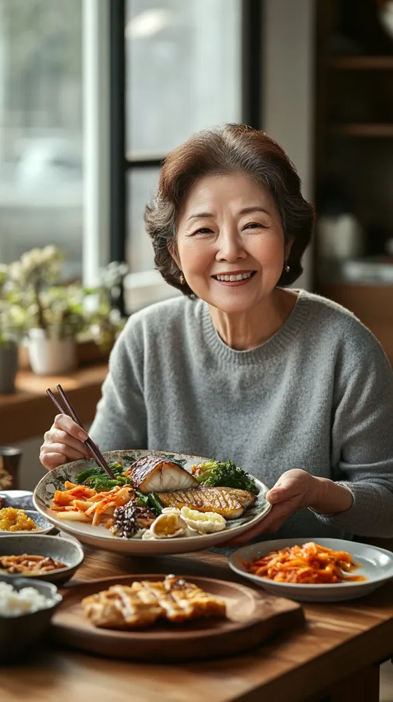 A smiling older Asian woman sits at a wooden table, holding a plate of grilled fish, vegetables, and eggs.  Other dishes surround her, including rice and side dishes, suggesting a home-cooked meal. She holds chopsticks, ready to eat. The setting is warm and inviting, emphasizing a feeling of comfort and family.