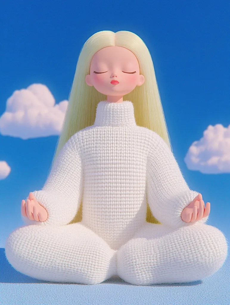 A 3D rendering depicts a serene blonde doll, clad in a white, textured sweater and pants, seated in a lotus position.  Eyes closed, the doll exudes peacefulness against a backdrop of a bright blue sky dotted with fluffy white clouds. The image's style is soft and whimsical, emphasizing tranquility and a childlike innocence.