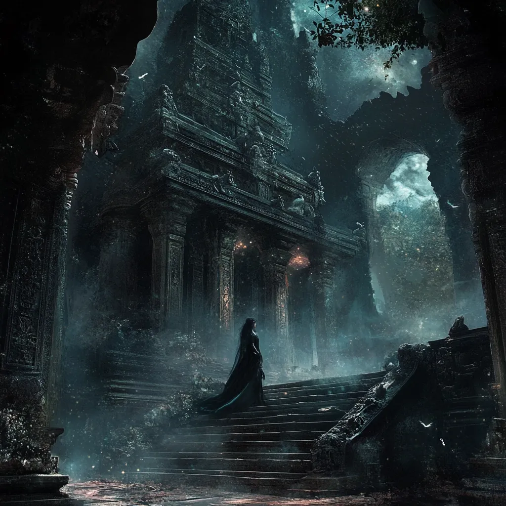 A lone woman in a dark gown ascends a grand, moss-covered staircase leading to an ancient, crumbling temple.  The temple, ornate yet decaying, is bathed in an ethereal, twilight glow under a starlit sky.  A sense of mystery and solitude pervades the scene, hinting at forgotten lore and secrets within the aged stones.  The overall atmosphere is dark, moody, and fantastical.