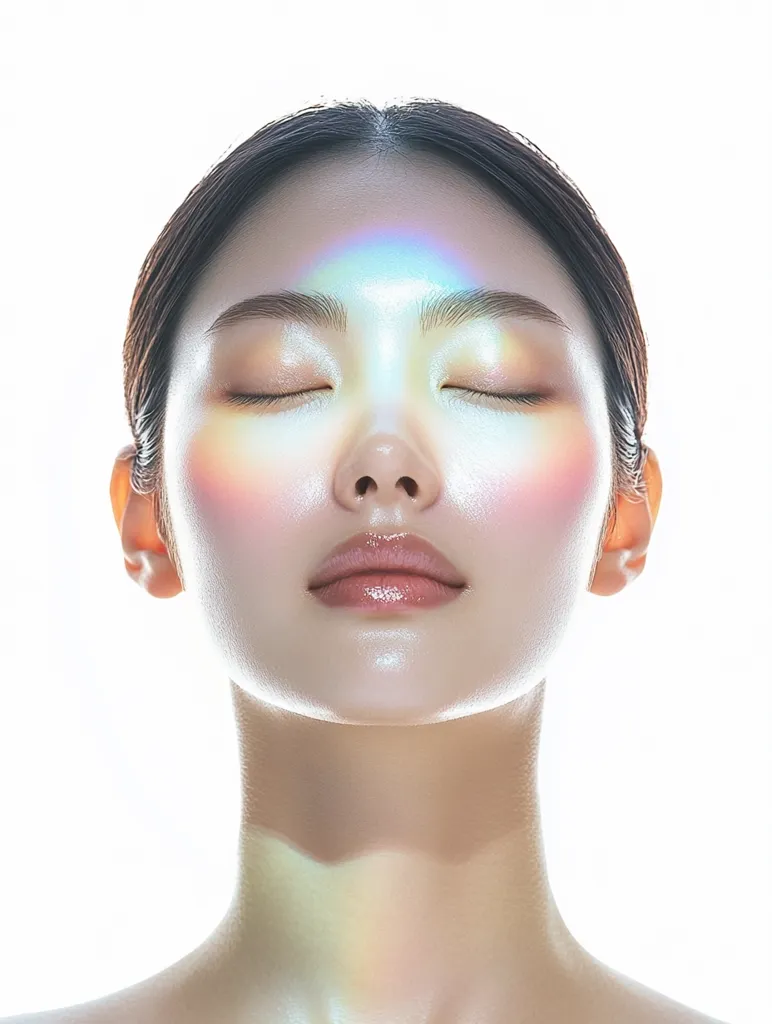 A close-up shot of a woman's face, illuminated by a rainbow-like light.  Her eyes are closed, and her expression is serene.  The image highlights her flawless skin and delicate features, creating a radiant and ethereal effect. The lighting accentuates the smooth texture of her skin, emphasizing a clean and healthy complexion. The overall aesthetic is one of beauty and tranquility.