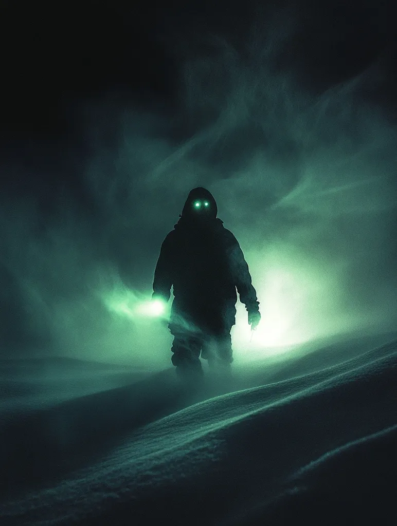 A solitary figure, cloaked in shadow and a hooded jacket, navigates a snow-covered landscape under a dark, swirling sky.  Glowing green eyes pierce the gloom, as the figure uses a flashlight, cutting through the heavy fog and snow.  The eerie atmosphere creates a sense of mystery and isolation.