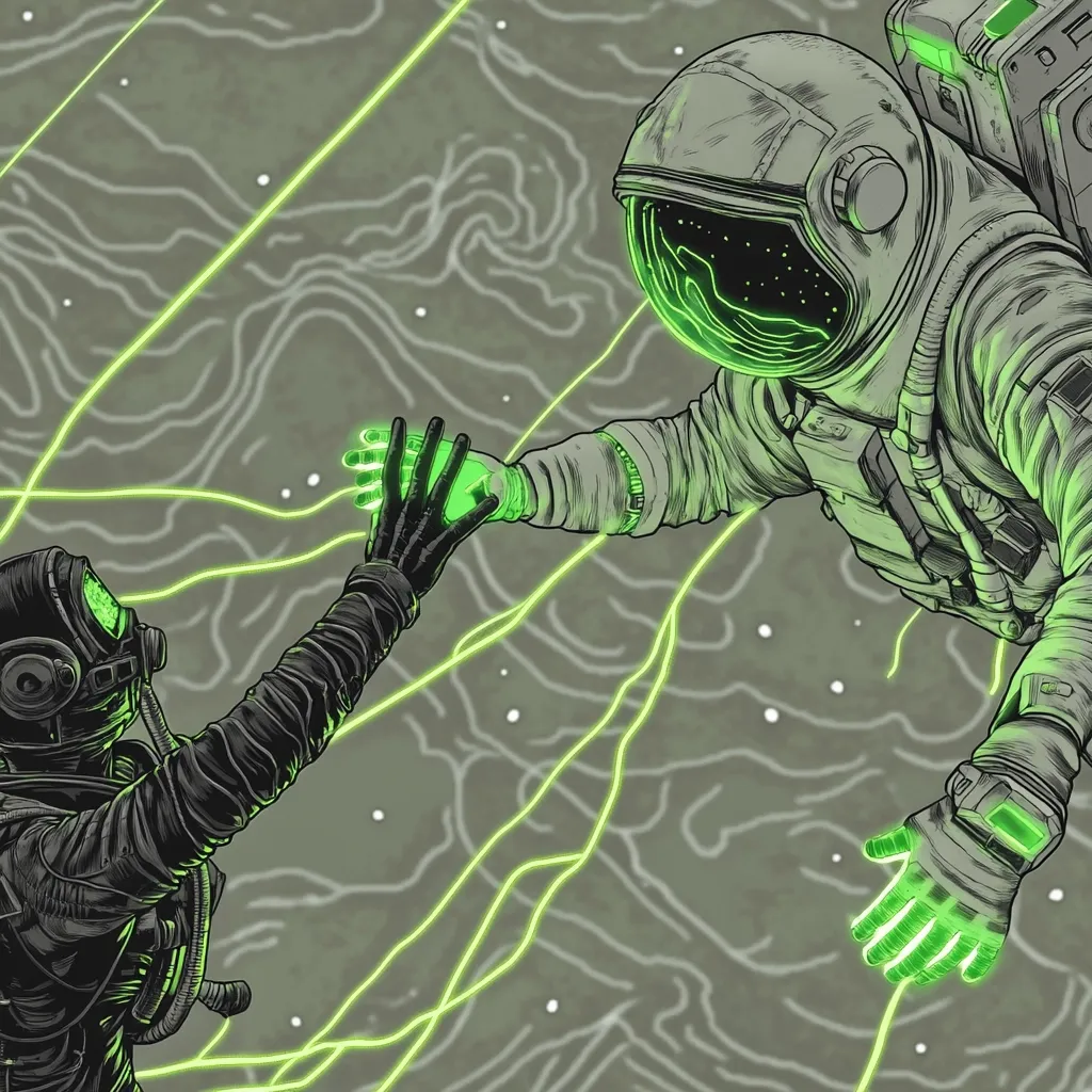 A detailed illustration depicts two figures in space, reaching out to each other.  One is a classic astronaut in a spacesuit, the other, a darker figure in a hazmat suit.  Their hands meet amidst glowing green energy lines against a textured, gray backdrop suggesting a cosmic expanse. The style is reminiscent of graphic novel art, with stark contrasts and intricate linework.  The image evokes themes of connection, exploration, and perhaps even a sense of otherworldly encounter.