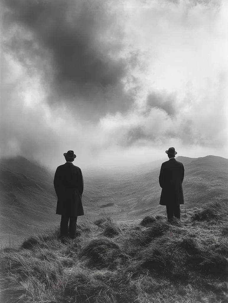 A black and white photograph depicts two men in hats and overcoats standing on a grassy hilltop, their backs to the camera. They gaze out over a vast, misty valley under a dramatic, cloudy sky. The scene is stark and atmospheric, conveying a sense of solitude and contemplation in the face of a wide, open landscape.  The image's monochrome palette enhances the feeling of mystery and quietude.