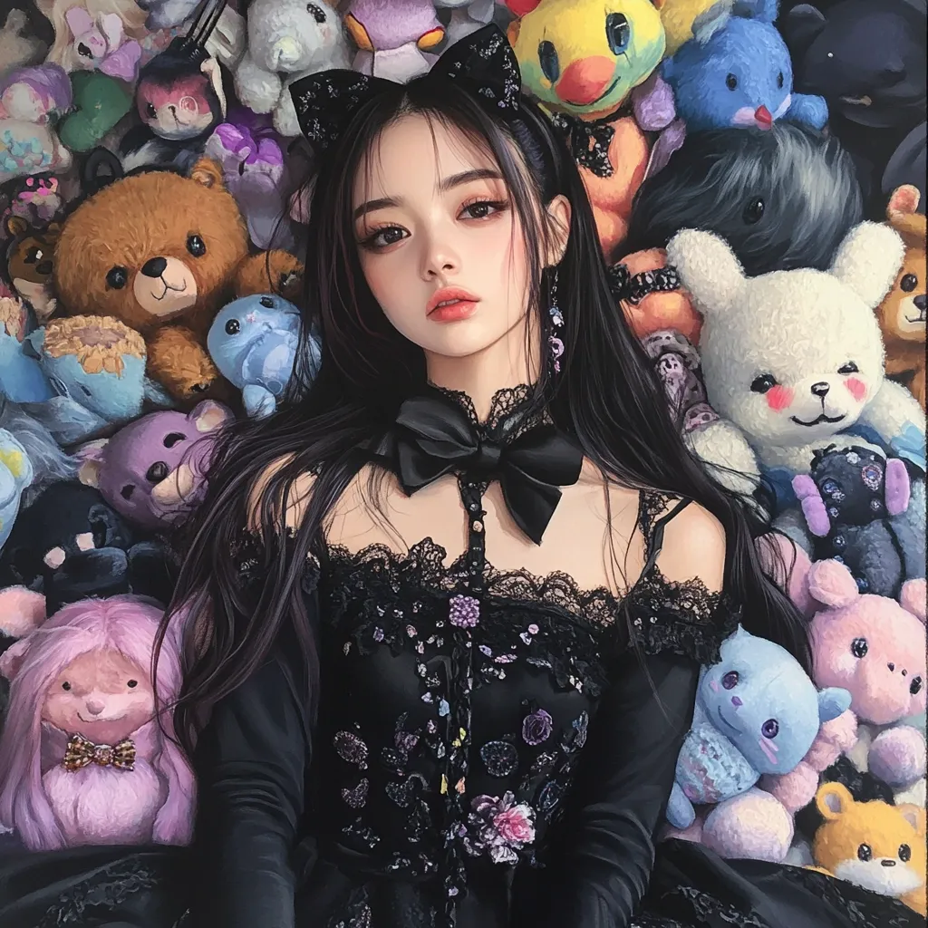 A young woman with long black hair and cat ears rests amidst a plethora of stuffed animals. She's dressed in a black, off-the-shoulder dress adorned with lace and embellishments, and a black bow graces her neck.  The soft lighting and detailed rendering of both the woman and the toys create a dreamy, whimsical atmosphere. The scene is rich with texture and color, showcasing a variety of plush toys in various shapes and colors.