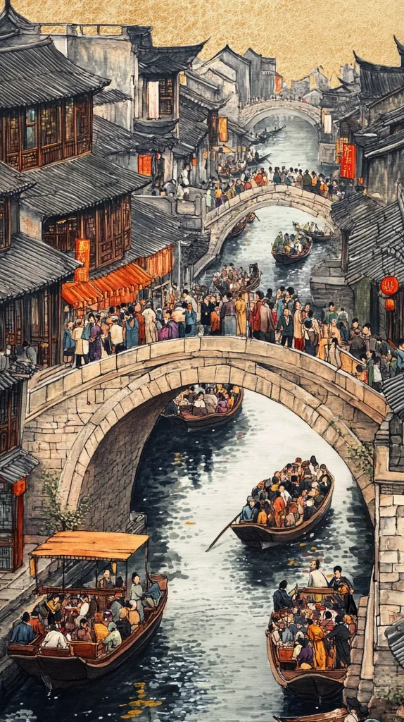 A bustling waterway scene in a traditional Chinese town.  Stone bridges arch over canals filled with numerous passenger boats.  Crowds of people line the bridges and water's edge, while traditional Chinese buildings with intricate roofs and shopfronts stand along the canals. The painting is rich in detail, capturing the vibrant atmosphere of a busy marketplace.