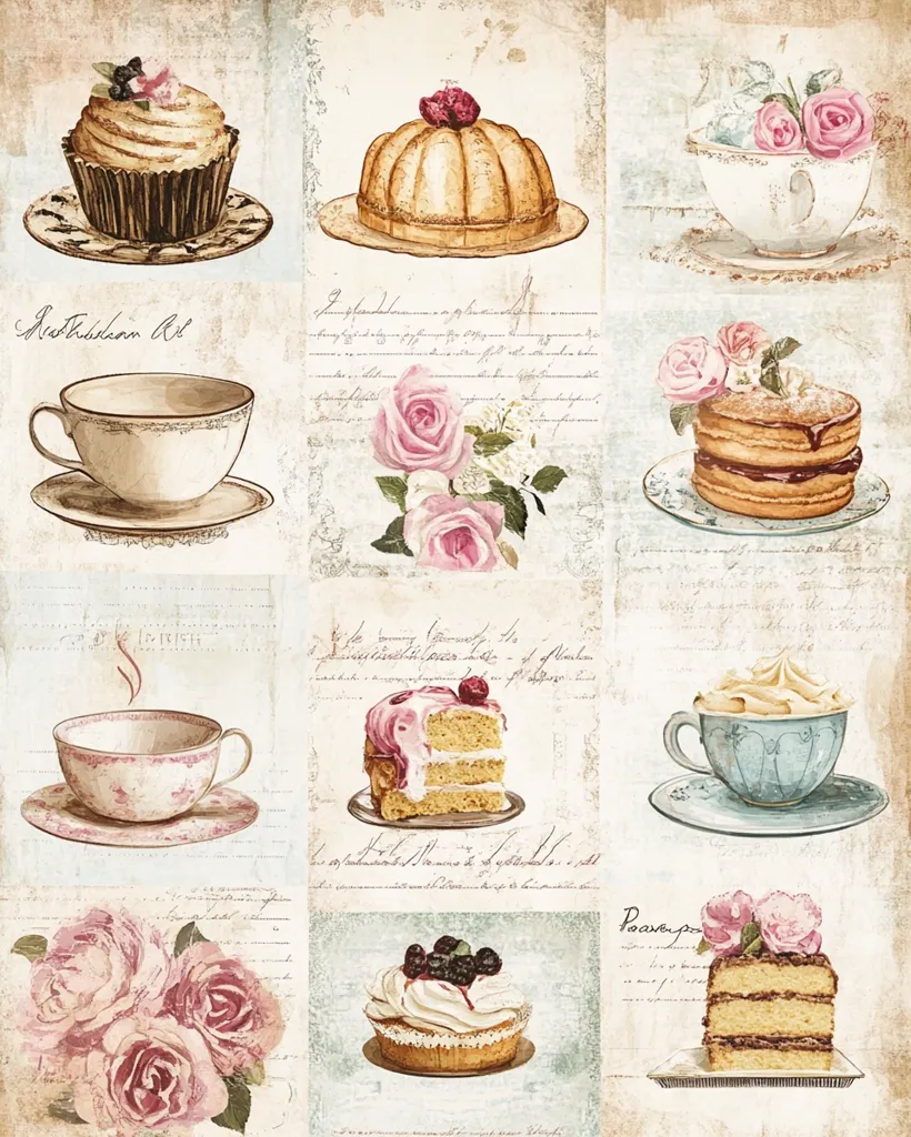 A vintage-style collage features various pastries and teacups.  Delicate watercolor-like illustrations show cupcakes, cakes, and tarts adorned with roses and berries.  The background is composed of textured paper with handwritten script, creating a charming, nostalgic atmosphere reminiscent of an antique tea party.  Pastel colors and soft details enhance the image's elegant and sweet aesthetic.