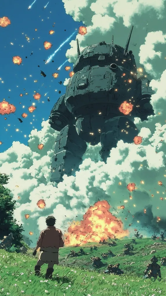 A colossal, dark gray mecha dominates a battlefield under a vibrant blue sky. Explosions erupt across the landscape, amidst a flurry of projectiles and smoke.  A solitary figure, seemingly a young man, stands in a field, his back to the viewer, observing the intense conflict.  The scene is filled with dynamic energy, a blend of war and breathtaking artistry.
