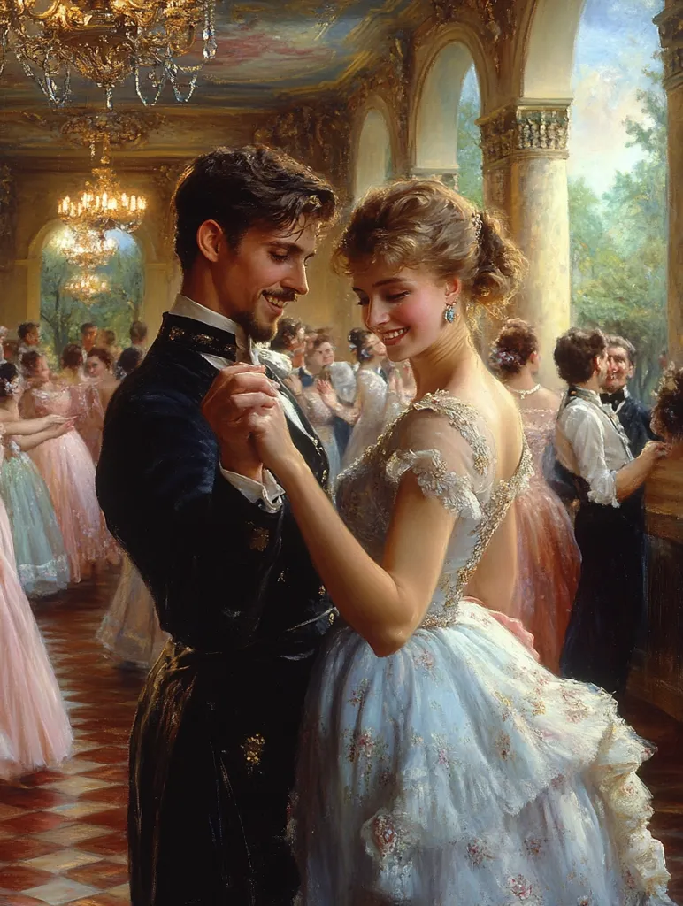 A romantic painting depicts a couple elegantly waltzing at a grand ball.  The woman, in a light blue, frilly gown, smiles radiantly at her partner, who is dressed in a dark, formal suit.  The opulent ballroom is filled with other elegantly dressed guests, dancing amidst ornate chandeliers and classical architecture. The scene exudes romance and the charm of a bygone era.