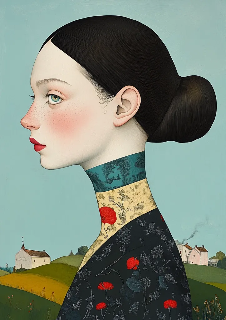 A stylized portrait of a woman in profile, her dark hair pulled back in a bun.  She wears a dark dress adorned with red floral patterns and a unique, patterned collar.  The background features a tranquil landscape with small houses and rolling hills under a pale blue sky. The artwork uses a distinct color palette and illustrative style.