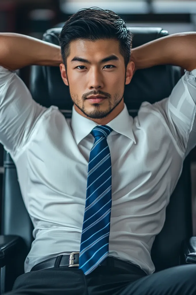 A young Asian man with dark hair styled neatly sits in a leather chair, his arms resting behind his head. He wears a crisp white dress shirt, a dark blue striped tie, and dark trousers. His expression is serious and composed, conveying a sense of confidence and professionalism. The image's dark background emphasizes the man's sharp features and attire.