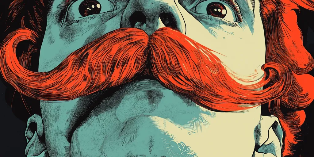 A close-up illustration depicts a man's face, focusing on his striking, vibrant orange handlebar mustache.  His wide, expressive eyes and the detailed texturing of his skin and hair suggest a vintage, possibly woodcut-inspired style. The color palette is limited, using teal and cream tones against the bold orange, creating a strong visual contrast. The overall effect is dramatic and eye-catching.