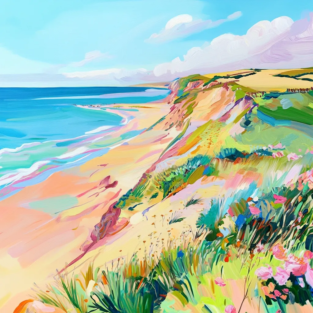 A vibrant, impressionistic painting depicts a coastal scene.  Pastel-colored sands meet a turquoise ocean, with gentle waves lapping the shore.  Lush, colorful vegetation blankets the sandy cliffs, leading the eye from the foreground to the horizon under a bright, partly cloudy sky. The artist's bold brushstrokes create a sense of movement and energy.