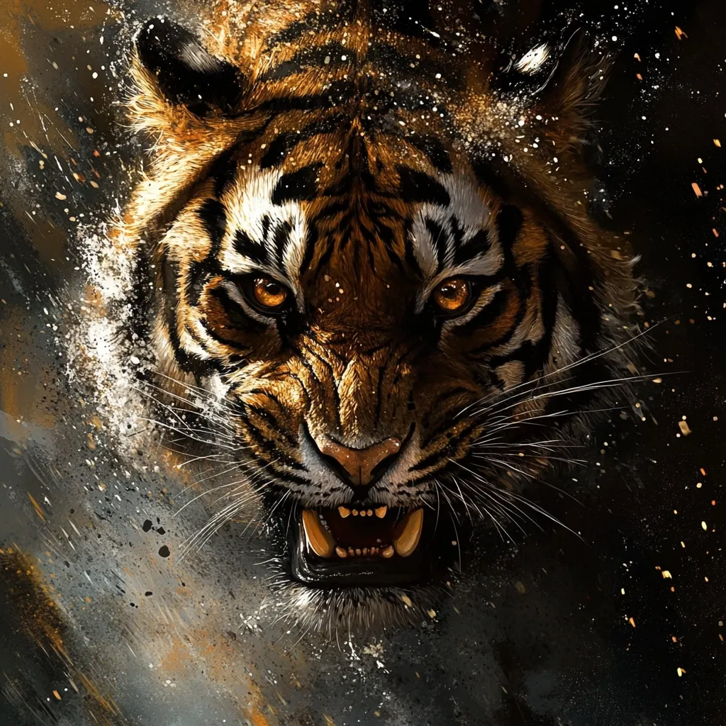 A close-up digital painting depicts a tiger's snarling face.  Its orange and black stripes are sharply defined, and its amber eyes burn with intensity.  The background is a dark, abstract splash of gray and gold, creating a dramatic and powerful image.  The tiger's bared teeth and intense gaze convey a sense of raw power and aggression.