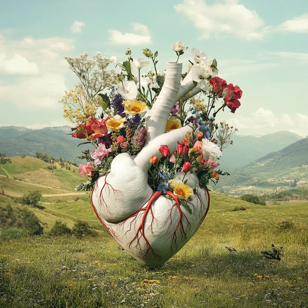 A realistic anatomical heart model is nestled within a vibrant array of wildflowers.  The heart, rendered in white with visible veins, is overflowing with a profusion of blooms in various colors and textures, creating a striking contrast against the backdrop of a sun-drenched, rolling green landscape. The scene evokes feelings of nature's beauty and the interconnectedness of life.