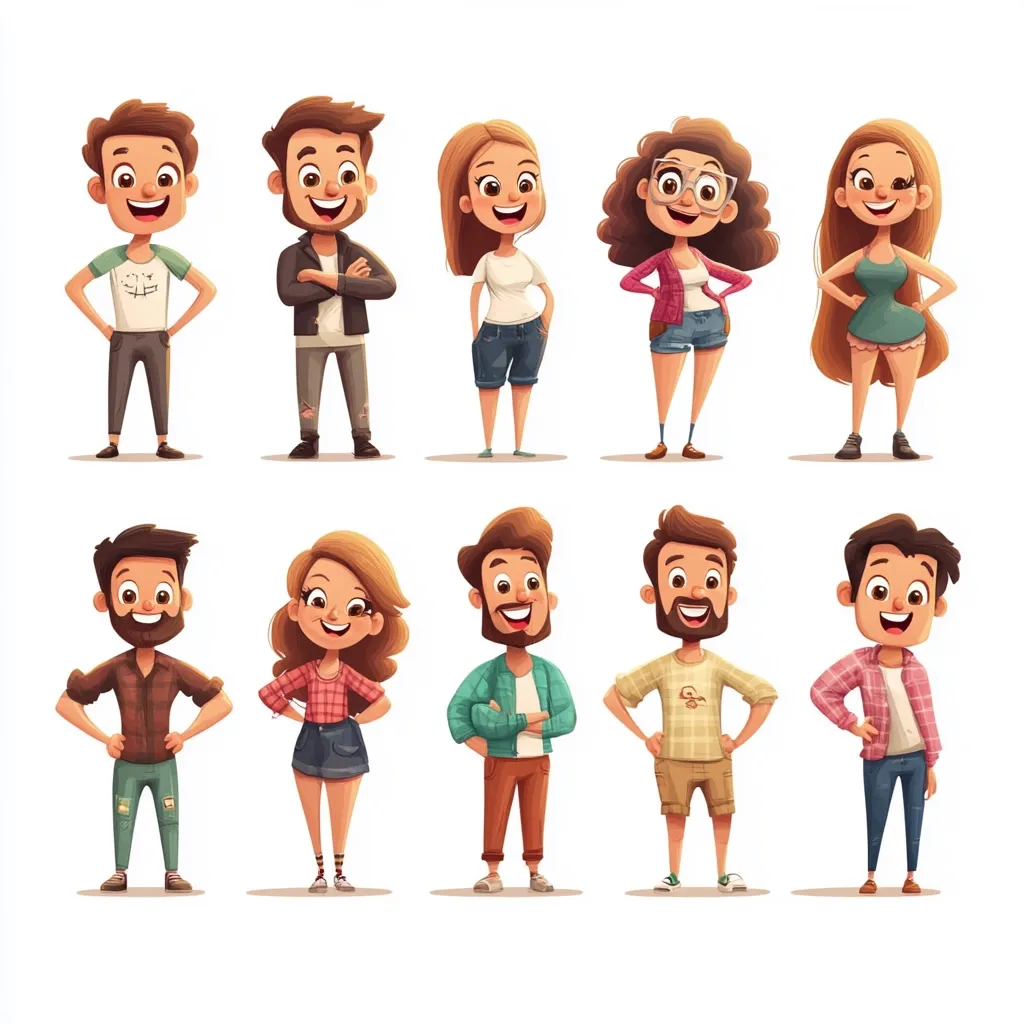 A collection of ten cheerful cartoon characters, five male and five female, stand in two rows.  Each character has a unique style and personality reflected in their clothing and expressions. They are brightly colored and drawn in a playful, expressive style, suggesting a diverse group of friends or a cast of characters.  The characters are all smiling and appear friendly and approachable.
