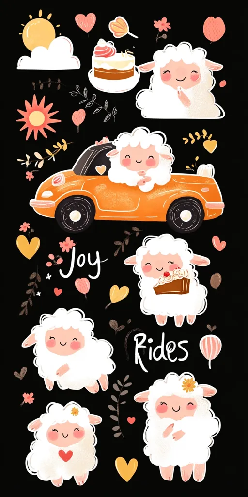 Adorable cartoon sheep enjoy joyful rides in an orange car against a black background.  Surrounding elements include hearts, flowers, a cake, sun, and clouds, creating a cheerful and playful scene. The words "Joy Rides" are prominently displayed, enhancing the image's lighthearted theme.  The style is whimsical and charming, suitable for children's books or illustrations.