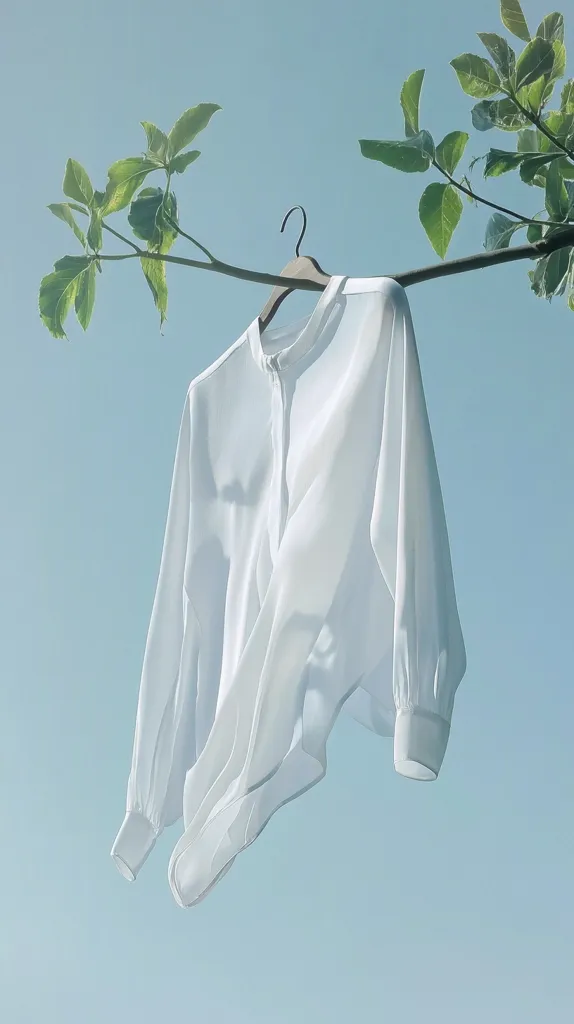 A pristine white blouse hangs from a wooden clothes hanger on a tree branch against a pale blue sky.  The blouse is lightweight and billows gently.  Sunlight casts delicate shadows on the fabric. Green leaves frame the scene, creating a serene and minimalist image.  The overall feeling is one of calm and airy freshness.