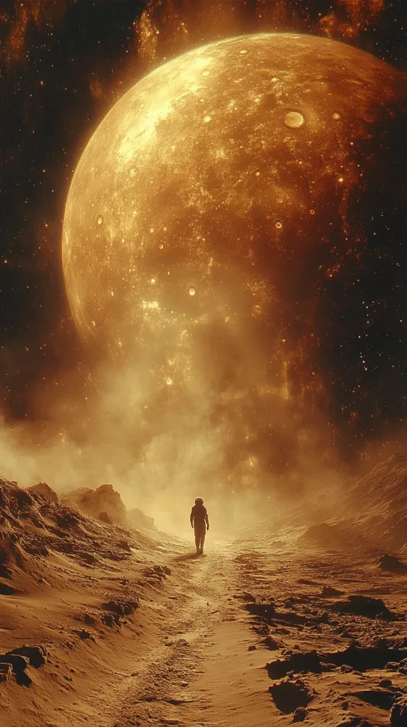 A lone astronaut treks across a desolate, reddish-brown landscape, silhouetted against a colossal, fiery orange planet dominating the sky.  The planet's surface is textured with craters and glowing patches.  A hazy, golden atmosphere envelops the scene, creating a surreal and otherworldly atmosphere.  The vastness of space and the diminutive figure of the astronaut emphasize a sense of scale and isolation.