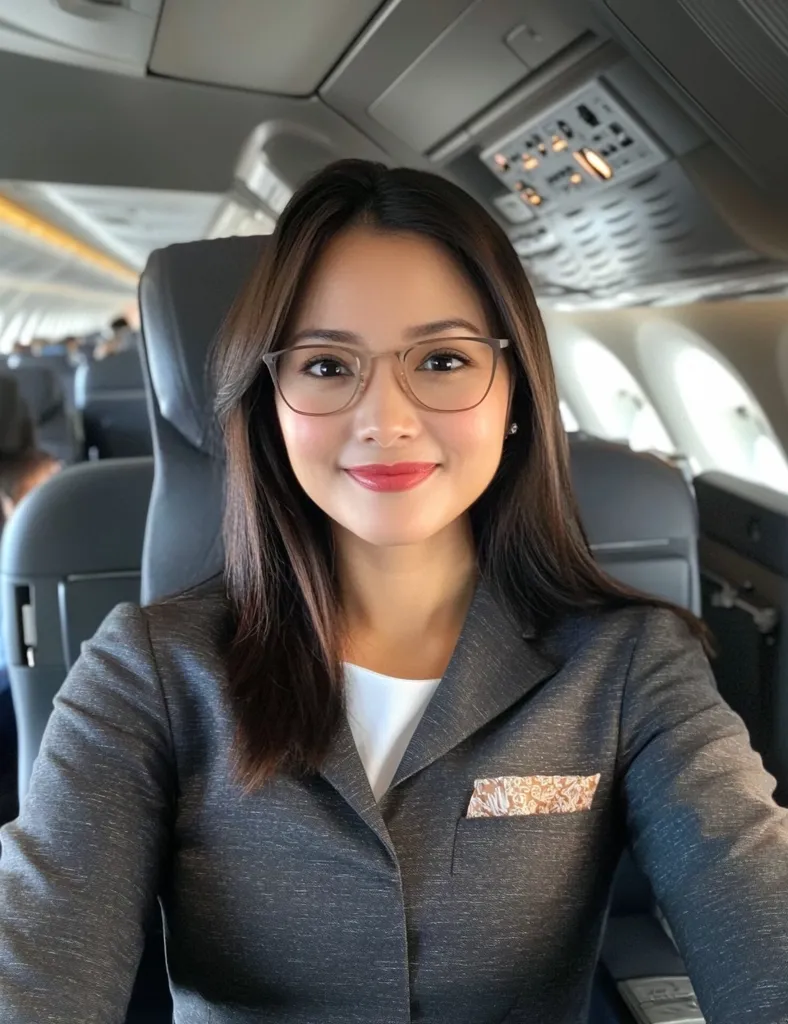 A young woman with long dark hair and glasses sits in an airplane seat. She wears a dark gray blazer with a patterned pocket square and a white shirt underneath.  The airplane's interior is visible in the background, suggesting she may be a flight attendant or passenger. Her expression is calm and pleasant.